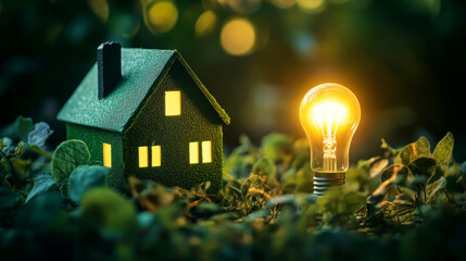 Eco-friendly green house with glowing bulb symbolizes sustainable living against a dark backdrop