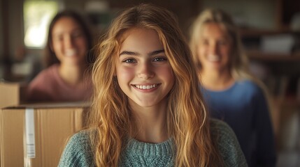 college student moving out of her home to start her dorm life with the help of her smiling parents, reflecting the excitement and emotional transition of beginning university life