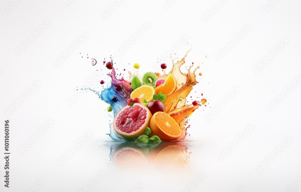 Poster a vibrant fruit explosion with colorful splashes of juice against a white background.