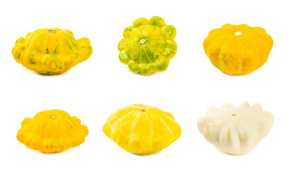 Pattypan zucchini isolated on white background. squash. Fresh organic pattypan squashes on background. Vegan. Farmer's Market. Patisson.