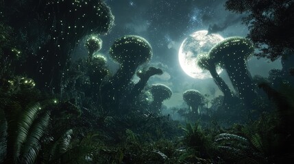 An alien forest with towering, bioluminescent plants and strange creatures moving among the foliage under a starry sky.