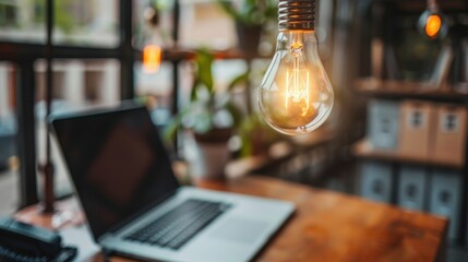 Cozy Workspace with Vintage Light Bulb and Laptop