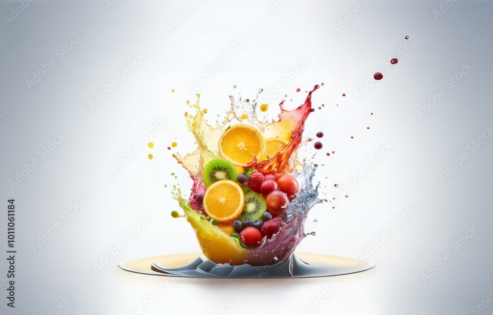 Poster Isolated fruit slices and berries splashed in water, creating a colorful explosion against a white background.