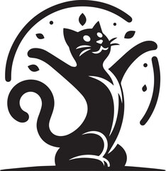 a black and white drawing of a cat with a moon in the background