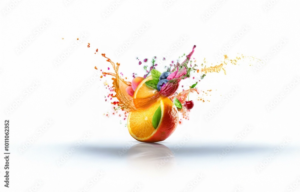 Aufkleber a burst of colorful fruit juice with an orange slice at the center, isolated against a white backgro
