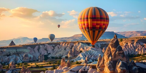 Obraz premium Turkey Cappadocia beautiful balloons flight stone landscape 