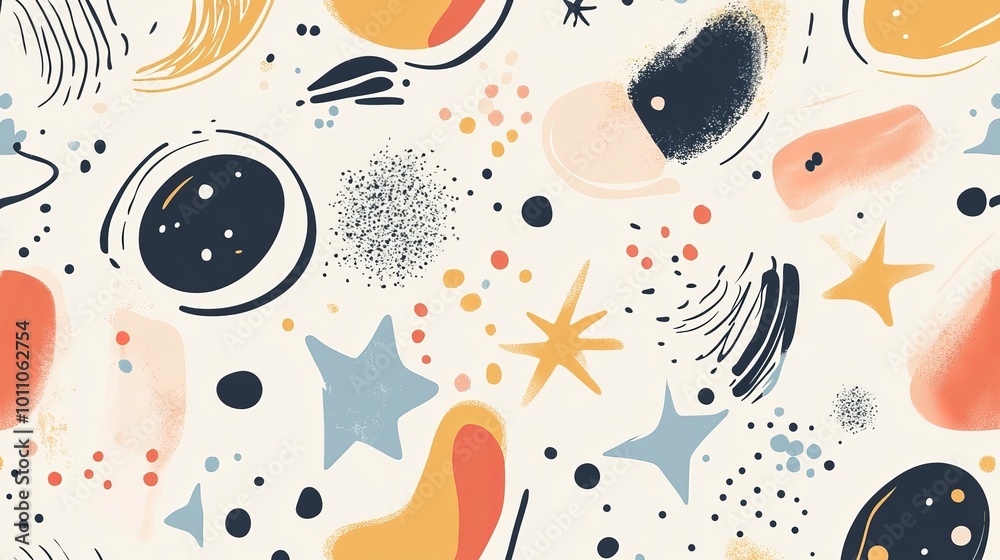 Wall mural playful doodle pattern background with abstract shapes and dots in pastel colors, perfect for modern