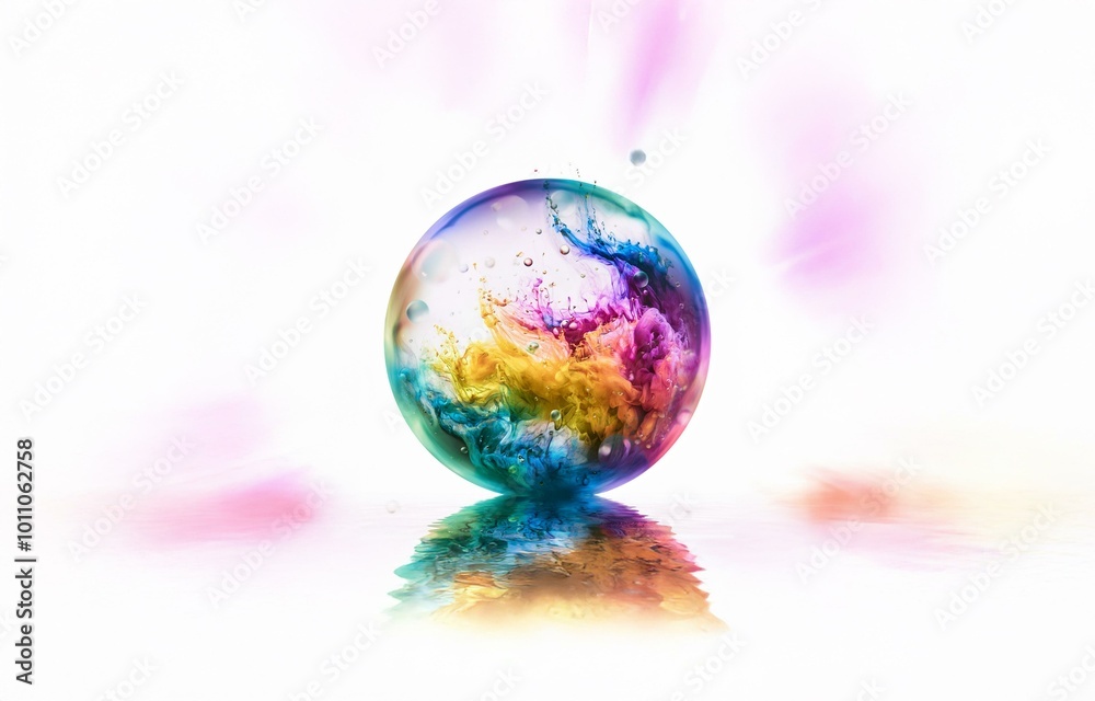 Poster a colorful sphere of swirling liquid encased in a transparent orb, isolated against a white backgrou
