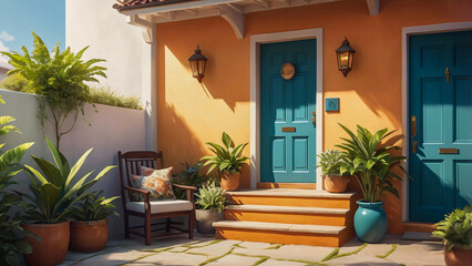 Fototapeta premium A classic house exterior with sunset-colored walls, verdigris door, plants lining the entrance, a designer wall light, and a wooden chair with a small pillow, exuding simple yet timeless charm.