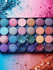 The background includes eyeshadow palettes on pastel background