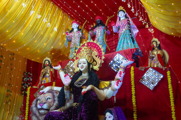 A beautiful idol of Maa Durga being worshipped at a pandal during Navratri. Navratri is biggest religious festival of Hinduism