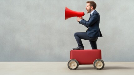 Man in Suit Shouting Through Megaphone While Standing on Red Toy Car in Minimalist Setting, AI