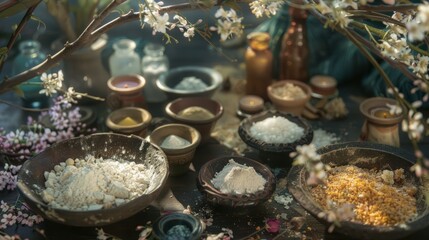 Fototapeta premium The items include bowls of various powders and salts, small white candles, and a few branches with blooming flowers