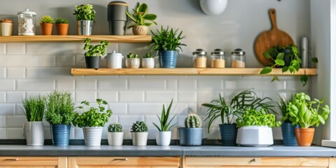 A bright kitchen with home plants placed on countertops and shelves, creating a fresh and inviting atmosphere
