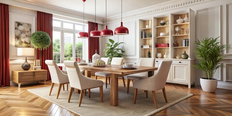 Chic dining room featuring elegant white and red hues, complemented by wooden accents, perfect for modern home decor