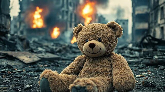 A teddy bear sits in the rubble of a destroyed city, a stark reminder of the devastation left behind by war