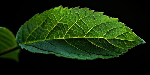 A close-up of a green plant leaf isolated against a plain black background, highlighting its texture