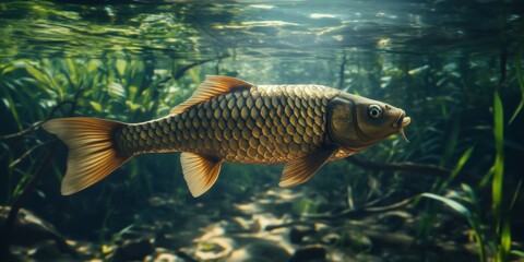 Fototapeta premium A Carp Swims Gracefully Through Underwater Plants in a Serene Freshwater Environment