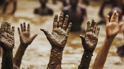 Closeup of muddy hands raised in the air, suggesting unity and participation in a muddy activity.