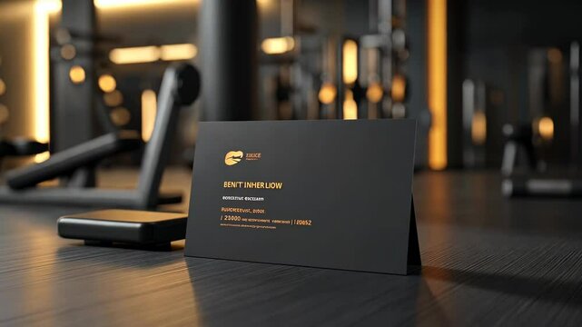 A black business card with gold lettering sits on a wooden table in a gym