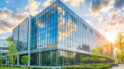 Modern Glass Building with Reflective Facade at Sunset