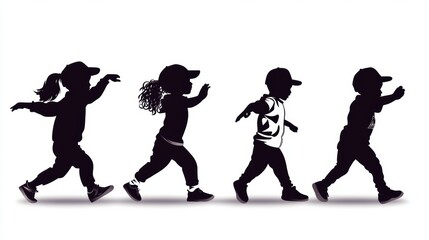 Obraz premium Silhouettes of Children Walking in a Line with Playful Energy and Joyful Expressions, AI