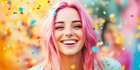 Obraz premium A joyful woman with pink hair celebrates carnival with confetti in a vibrant, colorful atmosphere