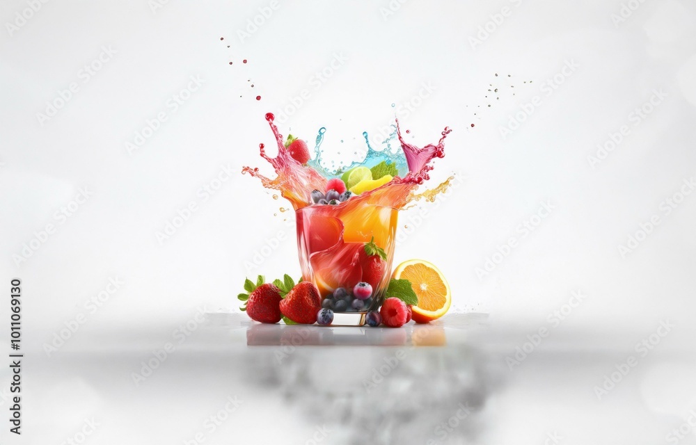 Poster isolated glass with colorful fruit and juice splashing on a white background.