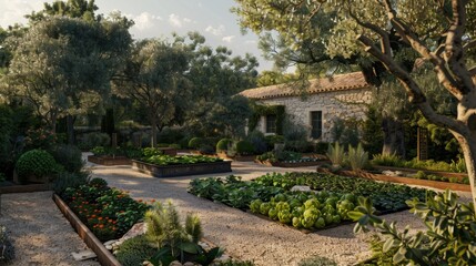 Serene Garden with Vibrant Vegetables and Lush Foliage