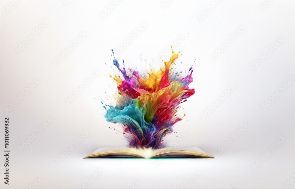 Fototapete an open book on a white background with a colorful paint explosion erupting from it's pages.