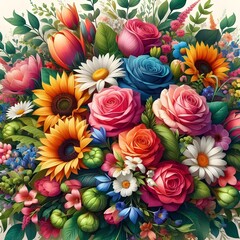 Fototapeta premium Vibrant Floral Bouquet with Mixed Roses and Sunflowers