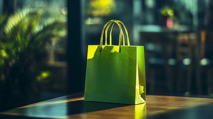 Green paper bag displayed on a wooden table during Green Monday festivities at a local café