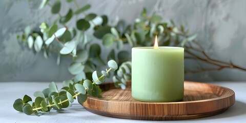 A green candle on green background with flowers and leafs
