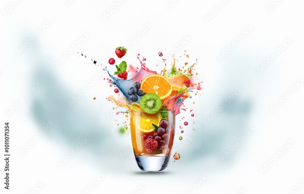 Aufkleber a glass of colorful fruit and juice with splashes of color against a white background.