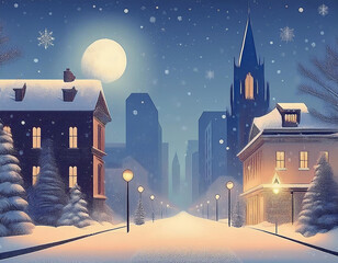 Naklejka premium Street illustration on christmas eve. Night empty winter city.