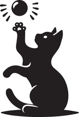 a black and white image of a cat playing with a ball and the sun shining on it.