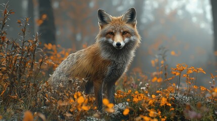 A red fox stands gracefully among autumn flowers in a misty forest at dawn, showcasing nature's beauty in a tranquil setting