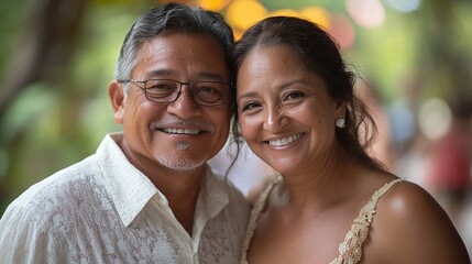 Naklejka premium loving Hispanic senior couple smiling and looking at the camera, celebrating their bond in a heartfelt portrait that showcases their affection, joy, and aging together