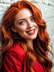 Fototapeta premium A Mesmerizing Gaze: Woman with Dark and Red Bangs Holds Viewers Captive 