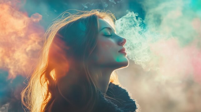 Woman mental health relaxation concept with mysterious positive natural energy aura around 