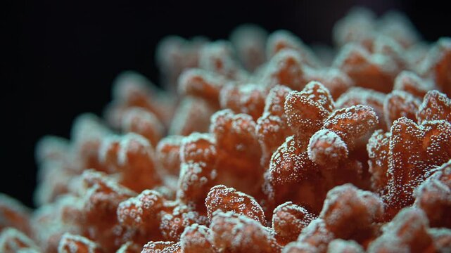 Underwater video, close up of coral, Pocillopora species, emitting fluorescent light. Abstract marine background