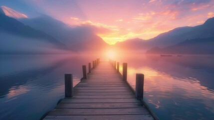 Fototapeta premium Serene Sunset Over Misty Lake and Wooden Pier