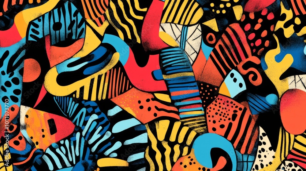 Wall mural energetic hand-drawn memphis style background design with a kaleidoscope of colors and fun geometric