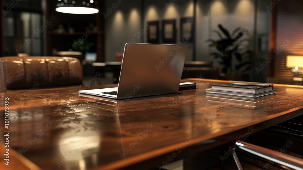 Poster Modern Workspace with Laptop and Books on Table