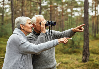 Senior couple birdwatching in forest with binoculars and cozy sweaters