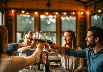 Friends toasting with wine glasses at cozy indoor gathering during sunset