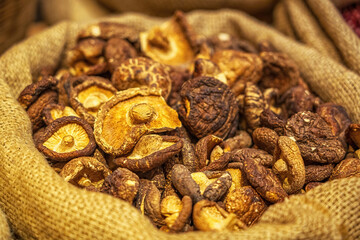 Dried Exotic Mushrooms in a Burlap Sack
