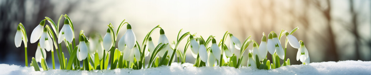 White snowdrops growth trought snowy ground.