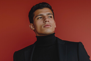 Obraz premium Latin American fashion model, man confidently posing in studio against burgundy background. Advertising banner.