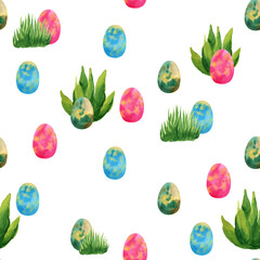 Seamless pattern with pink, blue and green dragon eggs with grass and bush. Watercolor illustration on white background. For wrapping paper, textile